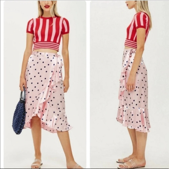 TopShop Pink Polka Dot Satin Ruffle Wrap Skirt - Picture 1 of 3